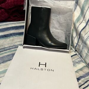 Halston Heritage Black Leather Block Heel Ankle Boot